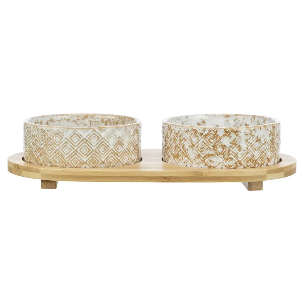 Gamela Dupla em Cerâmica com Suporte em Bambu - Trixie