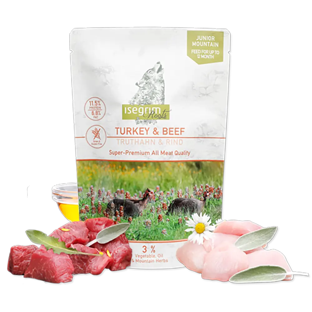 Isegrim Roots Junior Super Premium - Peru e Vaca com Batata Doce, Oléo de Salmão e Ervas