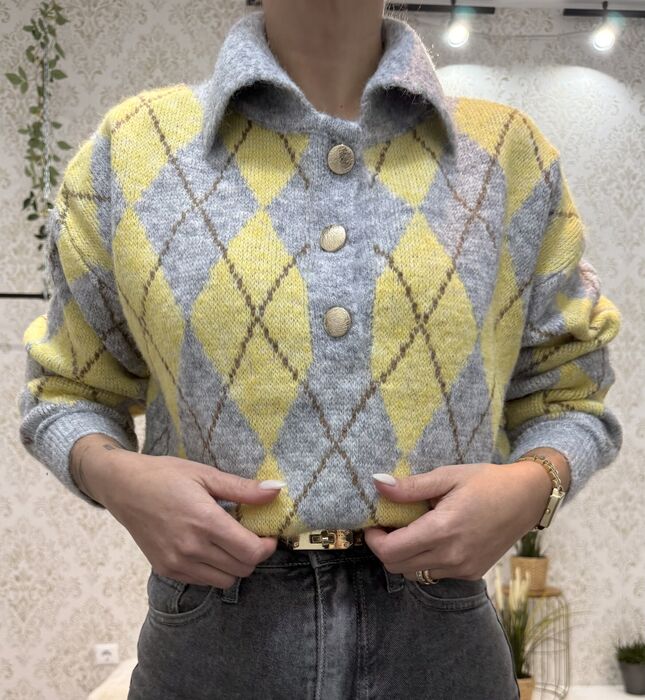 POLO ARGYLE - CINZA & AMARELO