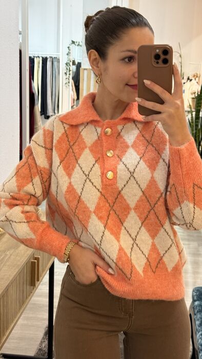 POLO ARGYLE - LARANJA & BEGE