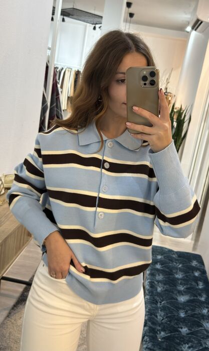 POLO TRICOT LISTRADO - AZUL SERENITY & CHOCOLATE