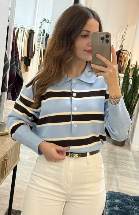POLO TRICOT LISTRADO - AZUL SERENITY & CHOCOLATE