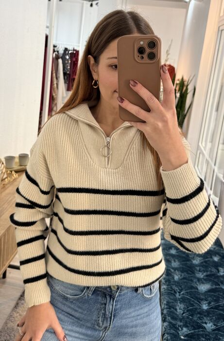 SWEATER TRICOT LISTRADO - BEGE