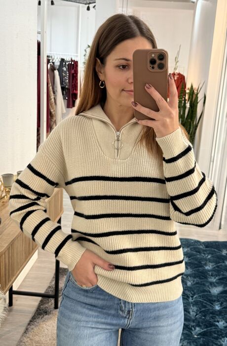 SWEATER TRICOT LISTRADO - BEGE