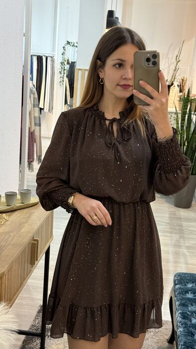 VESTIDO SPARKLE COM GOLA - CASTANHO