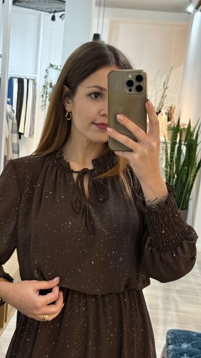 VESTIDO SPARKLE COM GOLA - CASTANHO