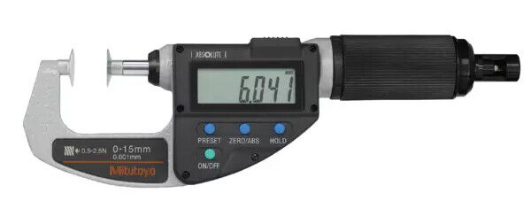 227-221-20 - Micrómetro ABSOLUTE Digimatic -Discos QuickMike, 0-15mm, 0,5-2,5N, Disco=14,3mm, Mitutoyo