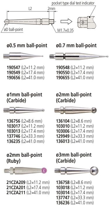 103006 - Ponta para comparador de alavanca, d=2mm, comprimento L1 20.9mm, Metal duro, Mitutoyo