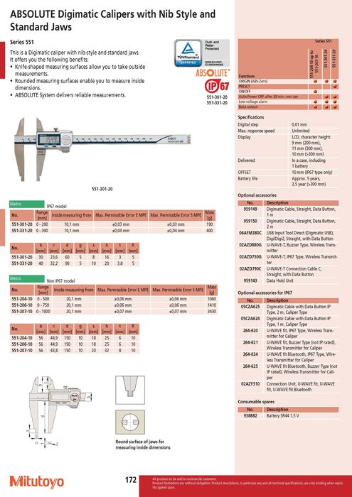 551-301-20 - Paquímetro ABSOLUTE Digimatic -Maxilas Aparo e Standard IP67, 0-200mm, Mitutoyo
