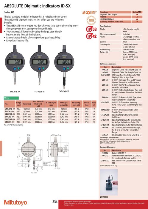 543-781B-10 - Comparador Digital ID-S 12,7mm, 0,01mm, Tampa Lisa, Mitutoyo