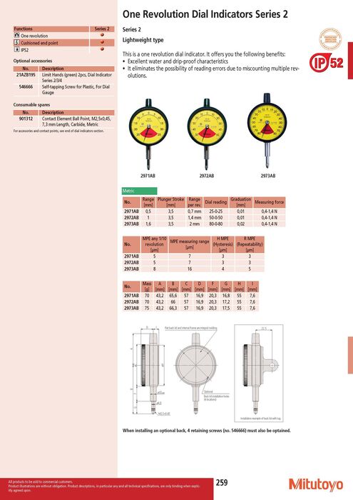 2972AB - Comparador volta-única 1mm, 0,01mm, tampa lisa, IP52 , Mitutoyo