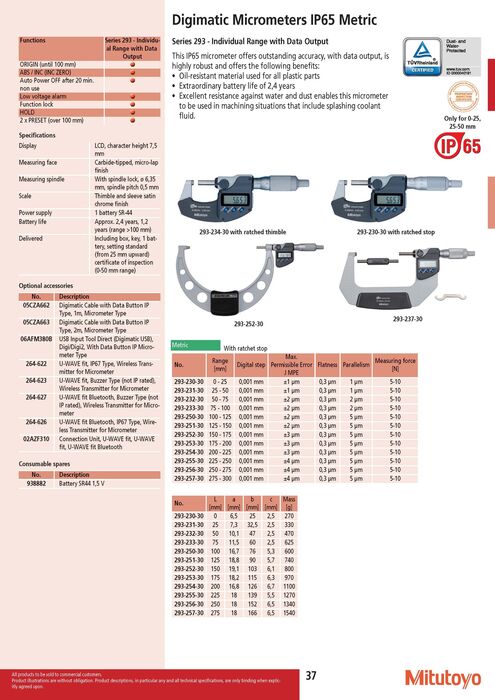 293-230-30 - Micrómetro Digimatic IP65 Métrico 0-25mm, com saída de dados, Mitutoyo