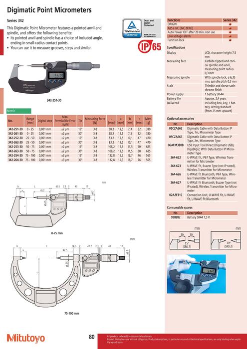 342-251-30 - Micrómetro digimatic, 0-25mm, 0.001mm, pontas cónicas, 15°, Mitutoyo