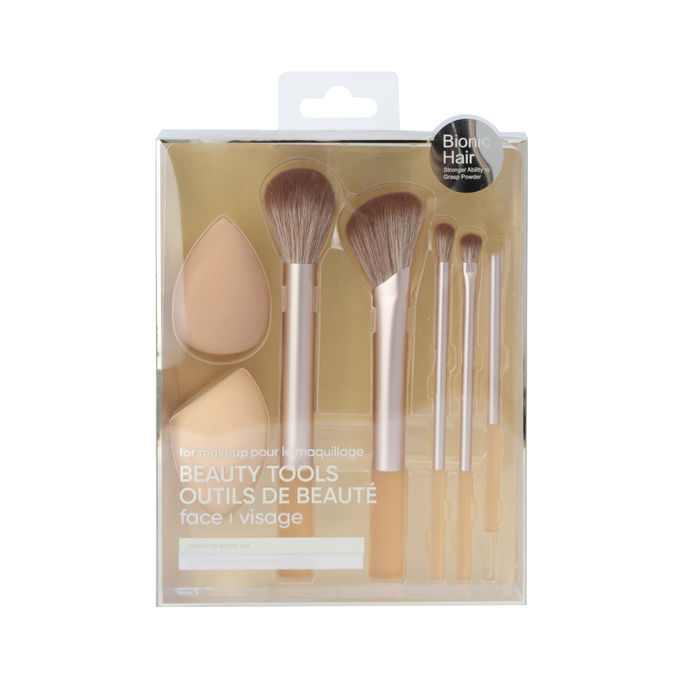 Kit de pincéis e esponja de maquilhagem (7 uni, dourado)