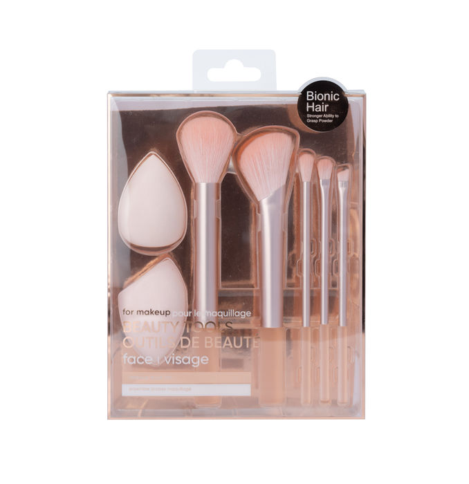 Kit de pincéis e esponja de maquilhagem (7 uni, rosa)