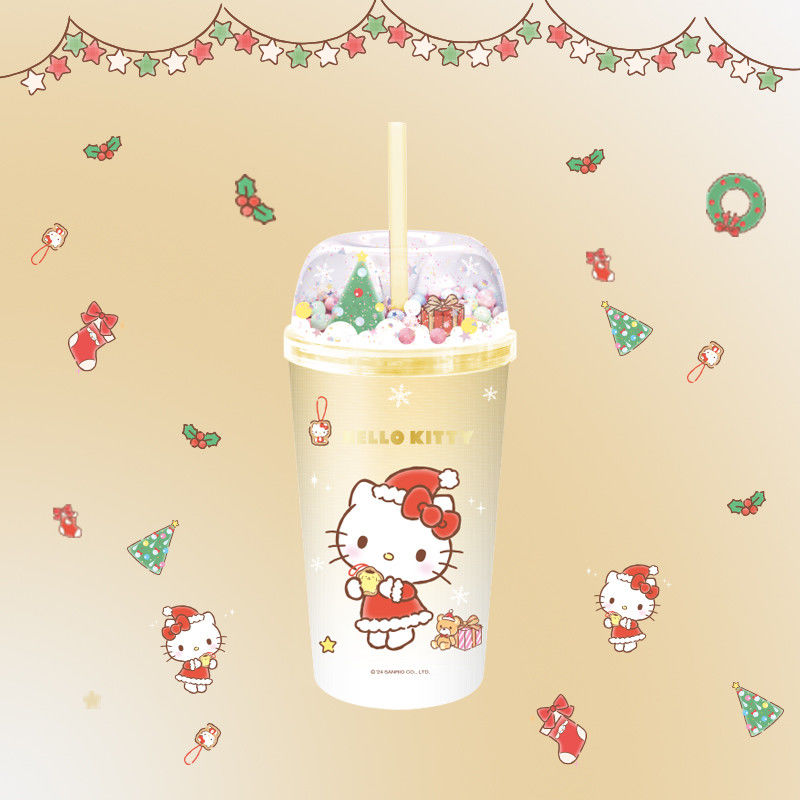 Sanrio - Coleção de natal - Copo de plástico com palhinha (Hello Kitty) - 480ml