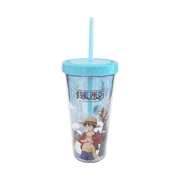 Copo de Plástico de Dupla Parede One Piece 420mL com Palhinha (Azul)