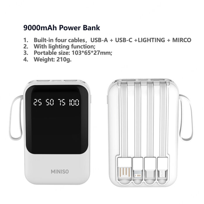 Mini Power Bank 9000 mAh com 4 Cabos (Modelo C108, Branco)
