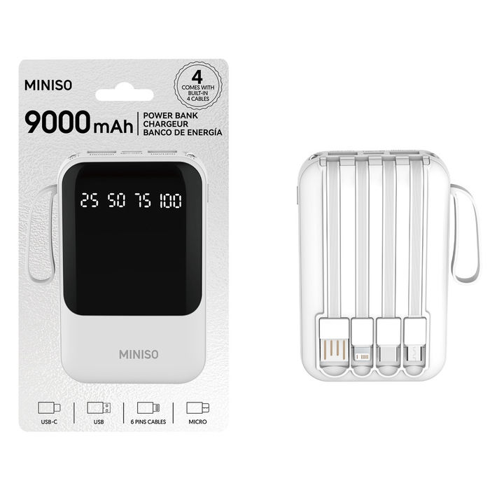 Mini Power Bank 9000 mAh com 4 Cabos (Modelo C108, Branco)