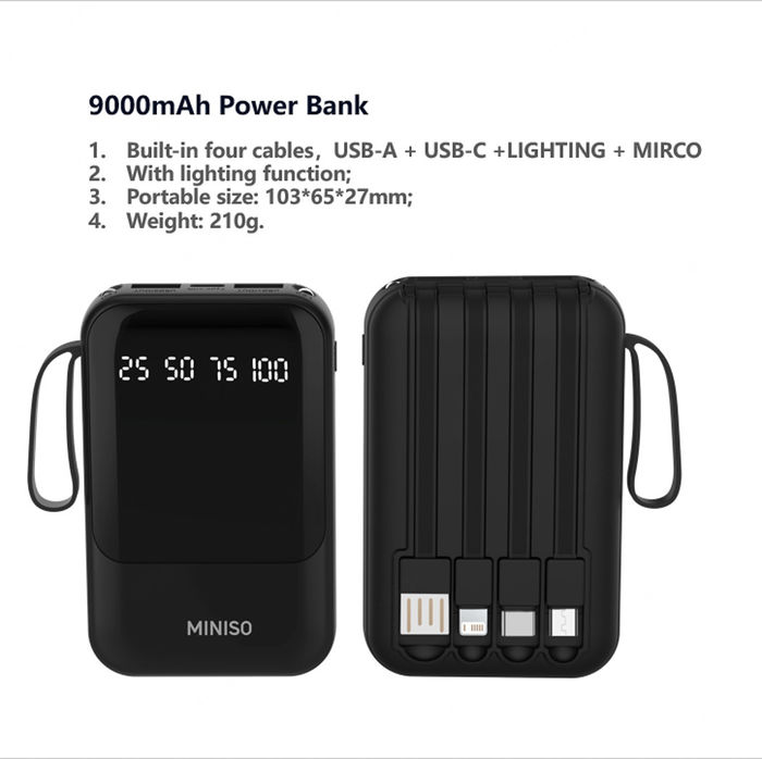Mini Power Bank 9000mAh com 4 Cabos - Modelo C108 (Preto)