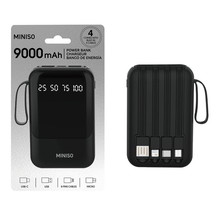 Mini Power Bank 9000mAh com 4 Cabos - Modelo C108 (Preto)