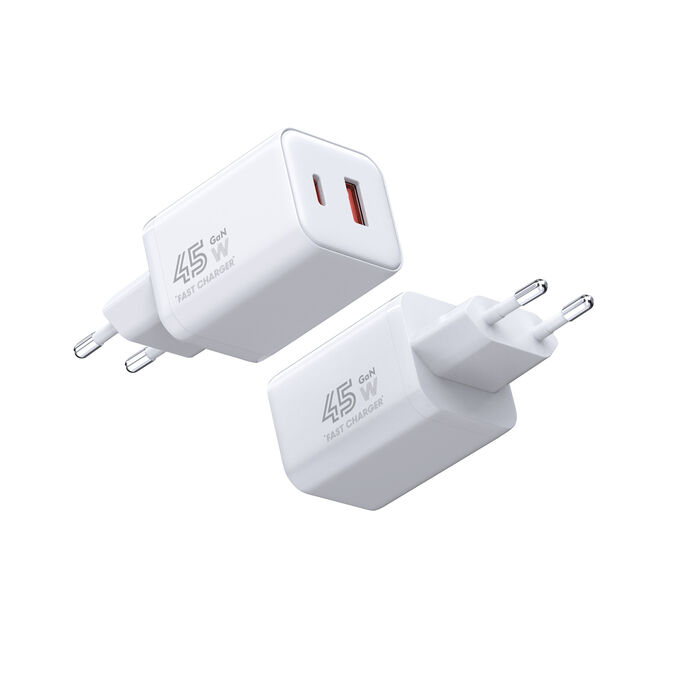 Carregador Rápido GaN 45W A+C Ultra (EU) - Modelo: YAD-G005EU (Branco)
