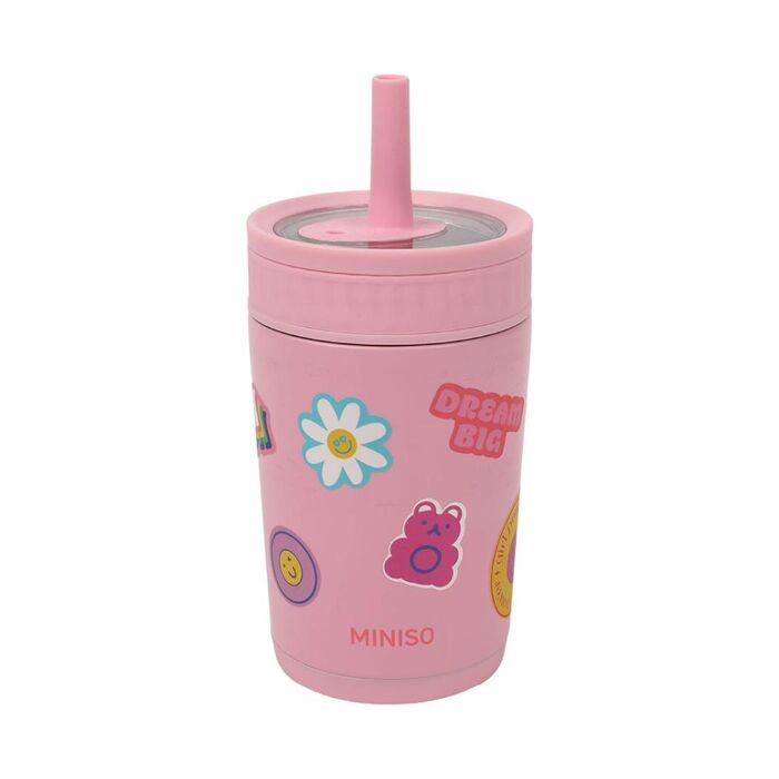 Garrafa de Aço Inoxidável de Parede Dupla com Palhinha DIY de 370mL (Rosa)