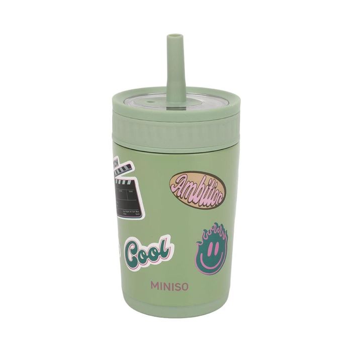 Garrafa de Aço Inoxidável de Parede Dupla com Palhinha DIY de 370mL (Verde)