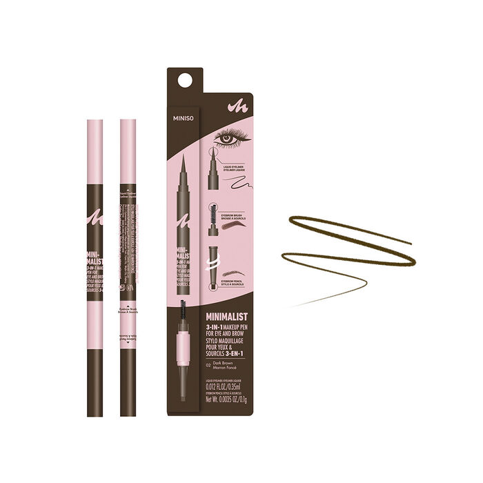 Caneta de Maquilhagem 3-em-1 Minimalista para Olhos e Sobrancelhas (02 Castanho Escuro)