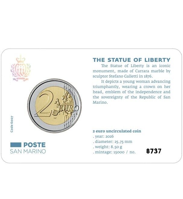 2 Euros San Marino 2026 - Estatua da Liberdade