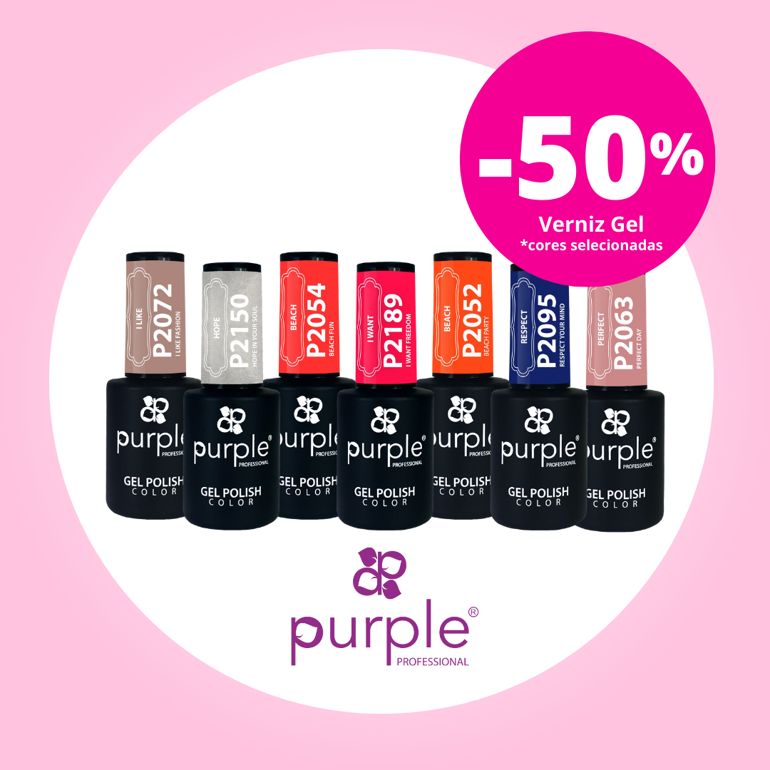 Verniz gel, gel e artigos de estética. Promoção de 15% de desconto em toda a Marca Purple.