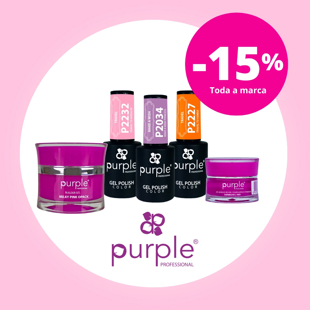 Verniz gel, gel e artigos de estética. Promoção de 15% de desconto em toda a Marca Purple.