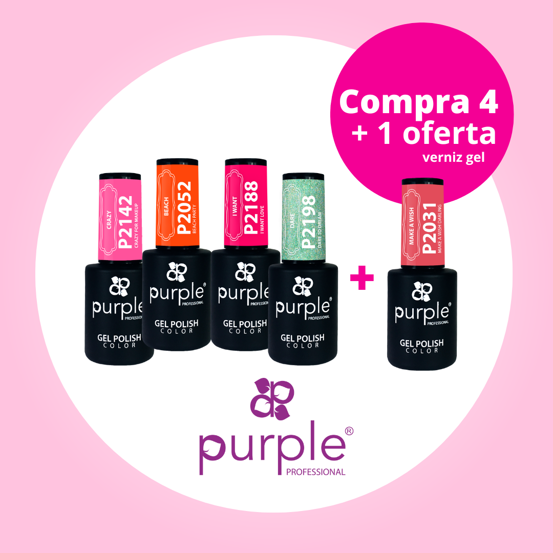 Verniz gel, gel e artigos de estética. Promoção de 15% de desconto em toda a Marca Purple.