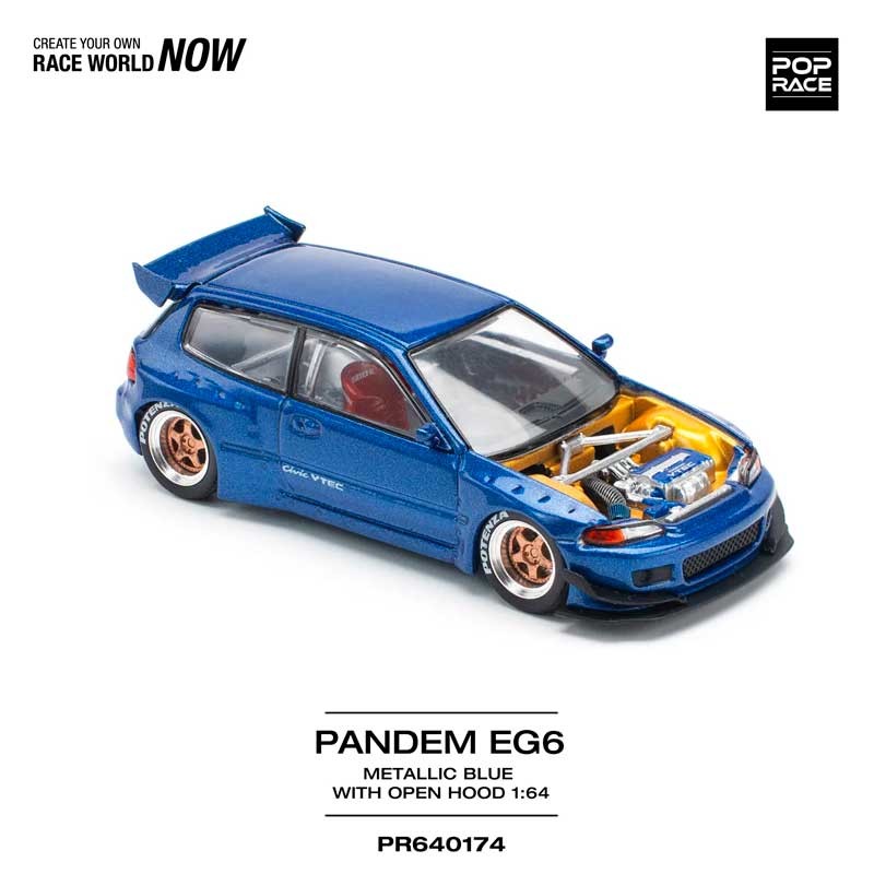 POP RACE Honda Pandem Civic EG6 Metallic Blue Open Hood 1/64 (PR64-174) 2