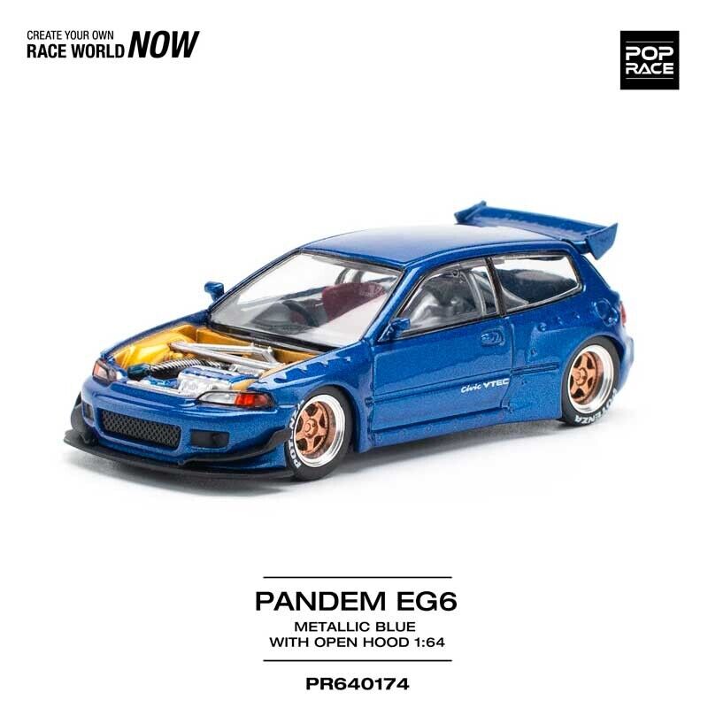 POP RACE Honda Pandem Civic EG6 Metallic Blue Open Hood 1/64 (PR64-174)