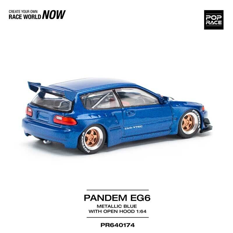 POP RACE Honda Pandem Civic EG6 Metallic Blue Open Hood 1/64 (PR64-174)