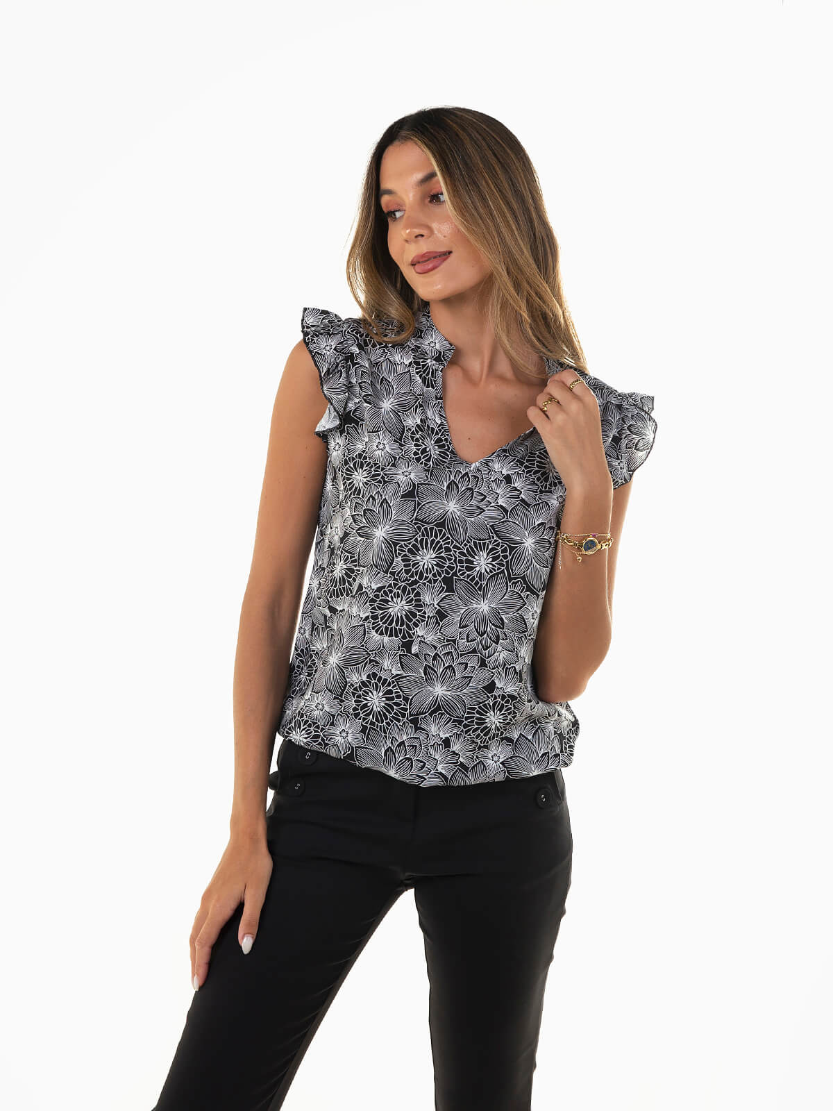 Estampado Floral Camisa Negra Fluida Mujer Blusa Mujer Casual
