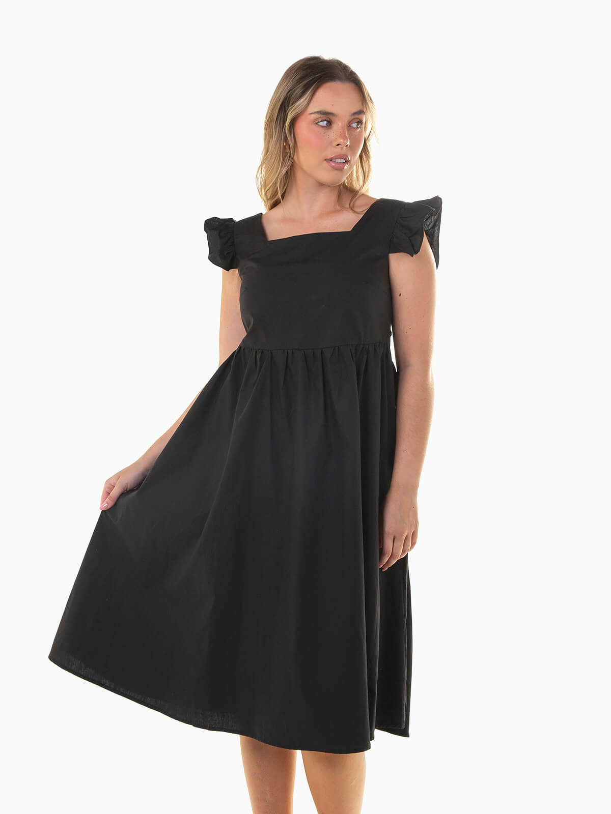 Vestido midi algodão com bolsos preto