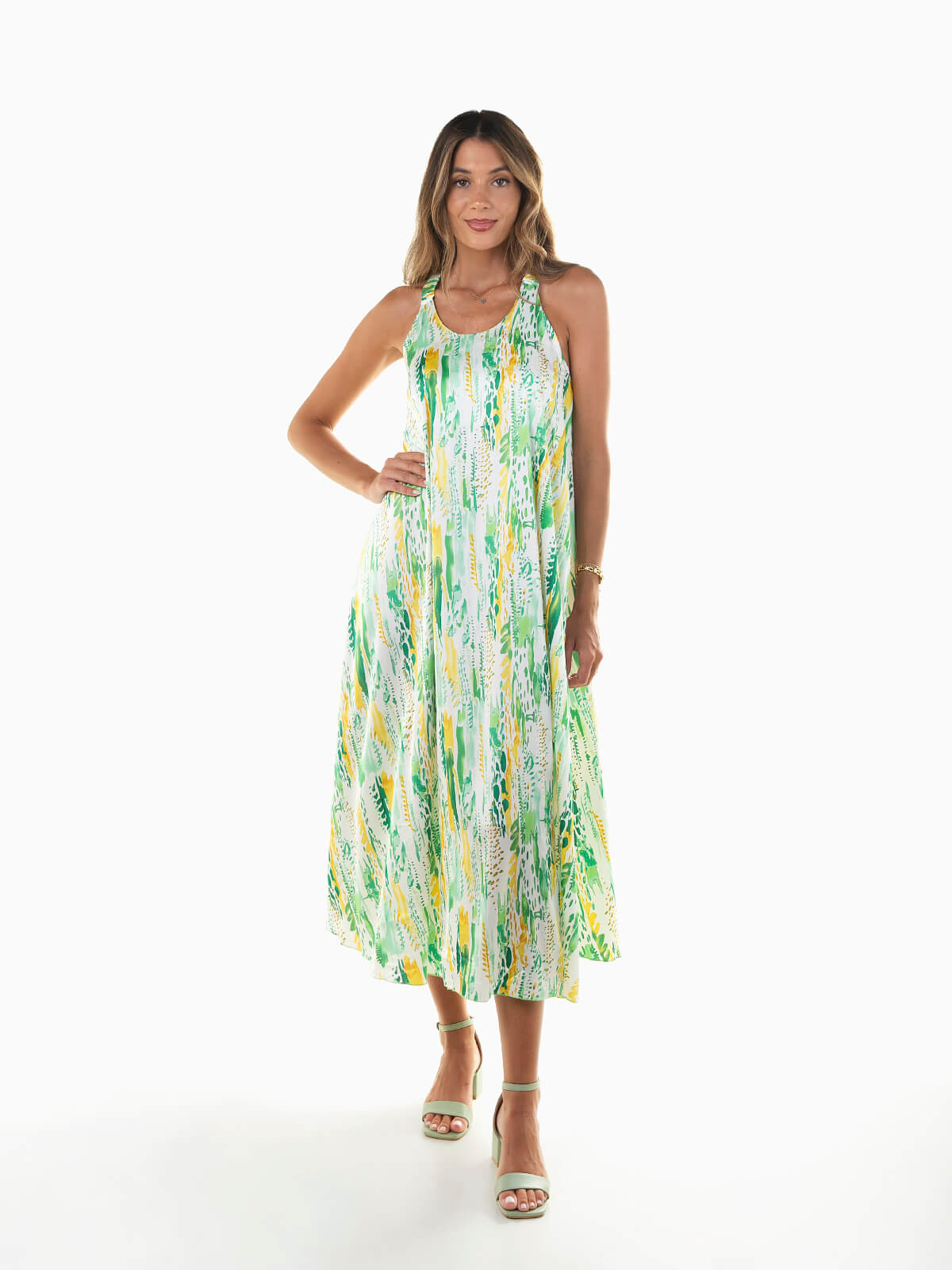 Vestido midi acetinado com padrão abstrato verde