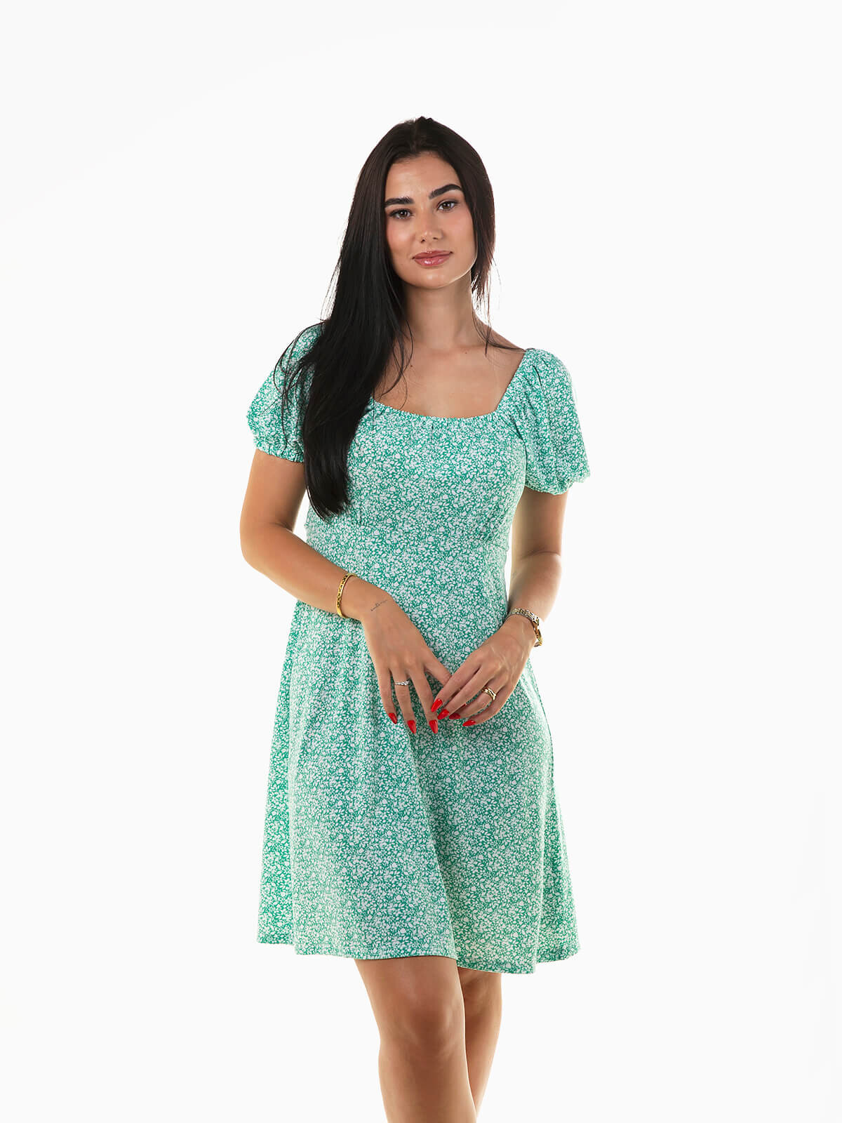 Vestido curto floral decote quadrado verde