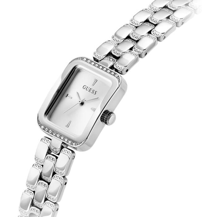 Relógio prateado com caixa rectangular, mostrador branco e bracelete de elos com cristais