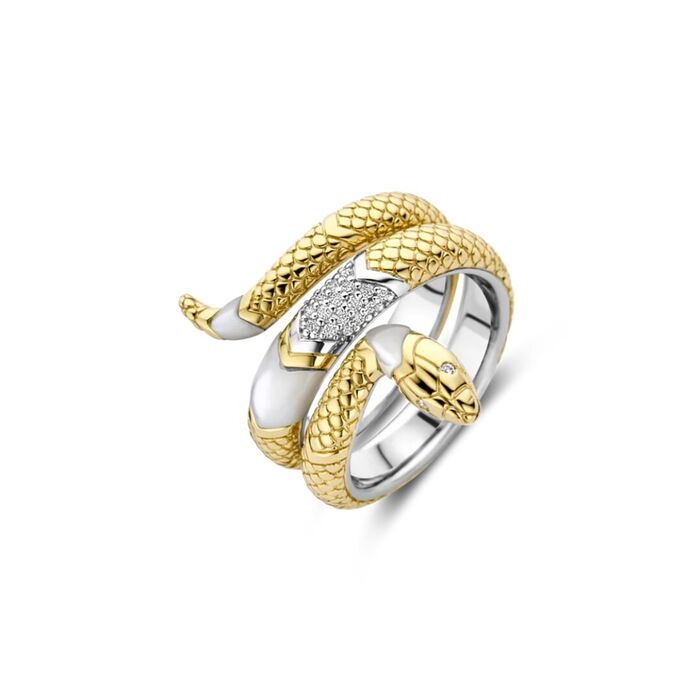 Anel Ti Sento em cobra com textura de escamas douradas e adornado de zircónias e madrepérola.