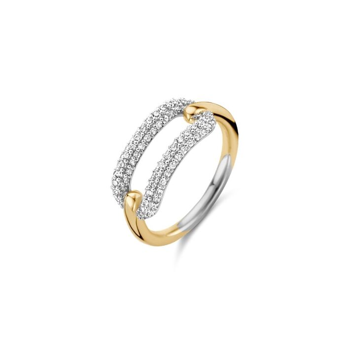 Anel prateado e dourado da Ti Sento com um halo em forma de cadeado cravado de zircónias.