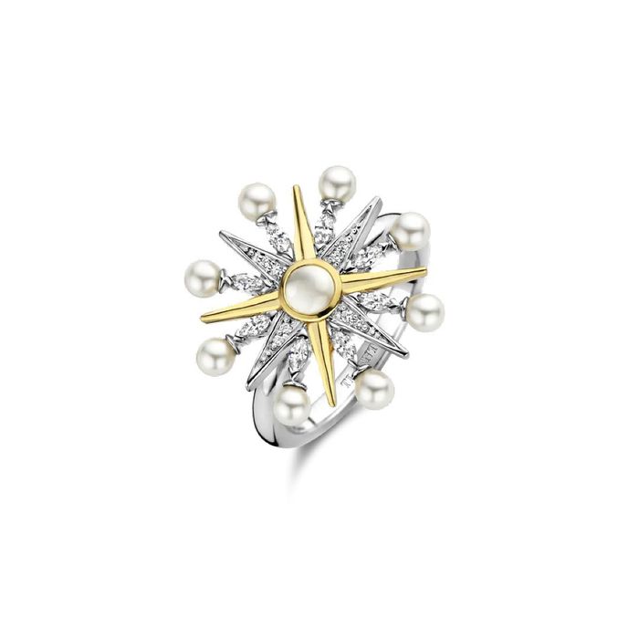 Anel prateado Ti Sento com topo em forma de estrela bicolor de 16 pontas com zircónias e pérolas.