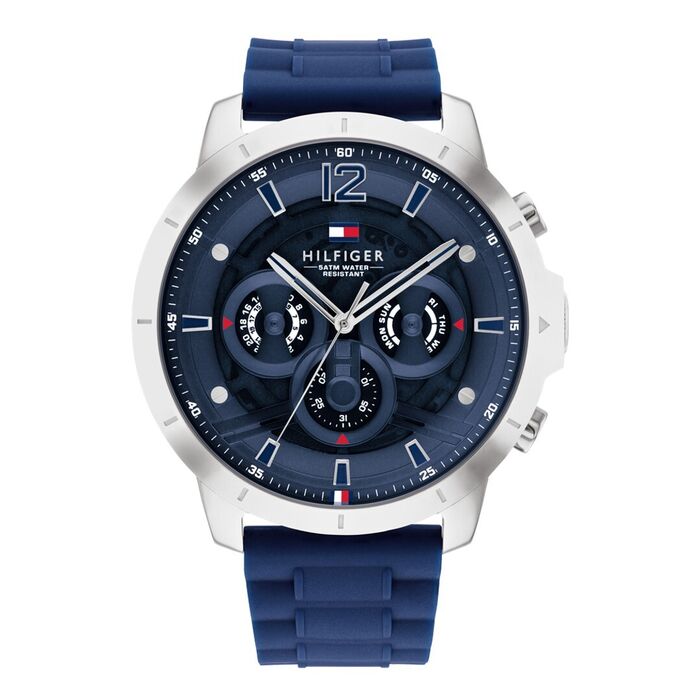 Relógio masculino Tommy Hilfiger de bracelete azul em silicone e mostrador em estilo cronógrafo.