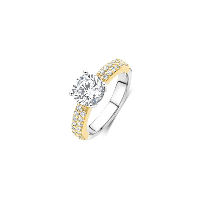 Anel TI SENTO bicolor prateado e dourado com zircónias no meio grande e pequenas no redor.