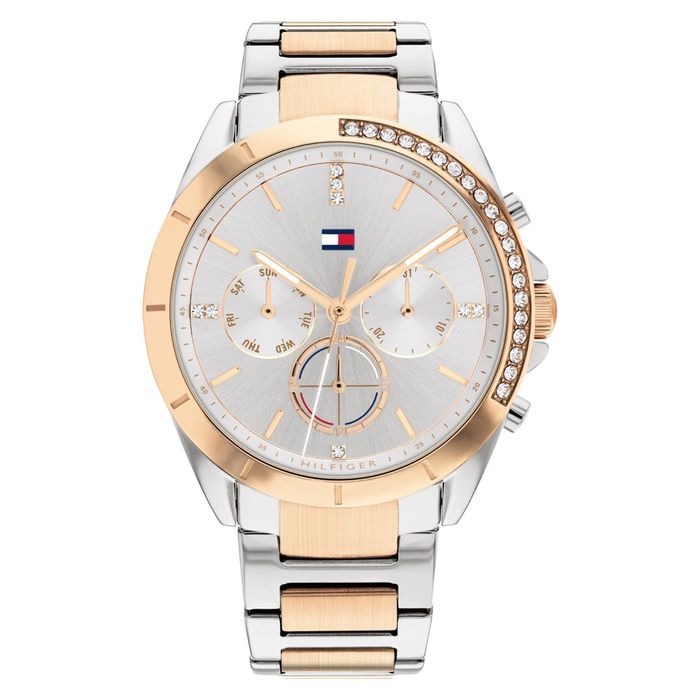 Relógio bicolor feminino Tommy Hilfiger com zircónias no bisel e no mostrador de estilo cronógrafo.