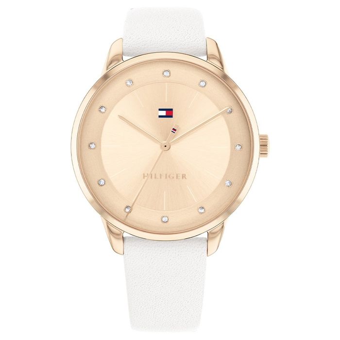 Relógio Tommy Hilfiger com bracelete em pele e um mostrador rosa cravado de zircónia nos índices.