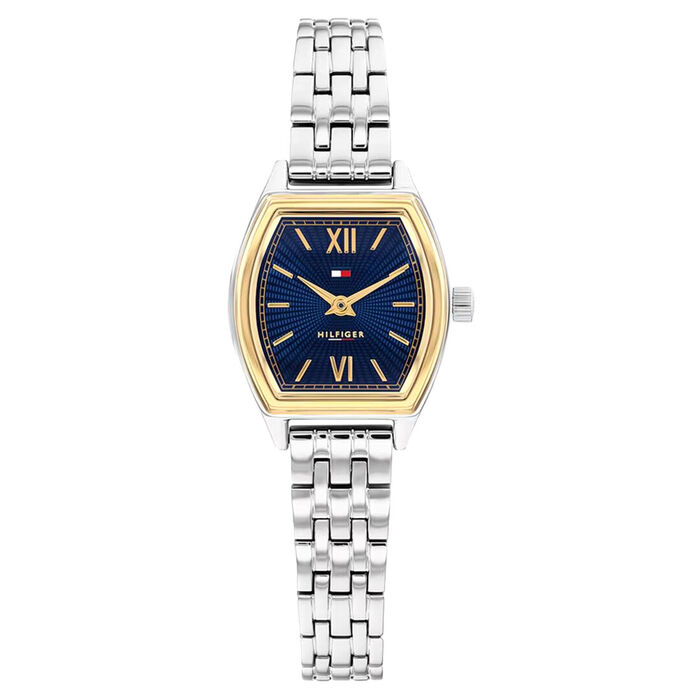 Relógio Tommy para mulher com bracelete e caixa prateada, bisel dourado e mostrador azul.
