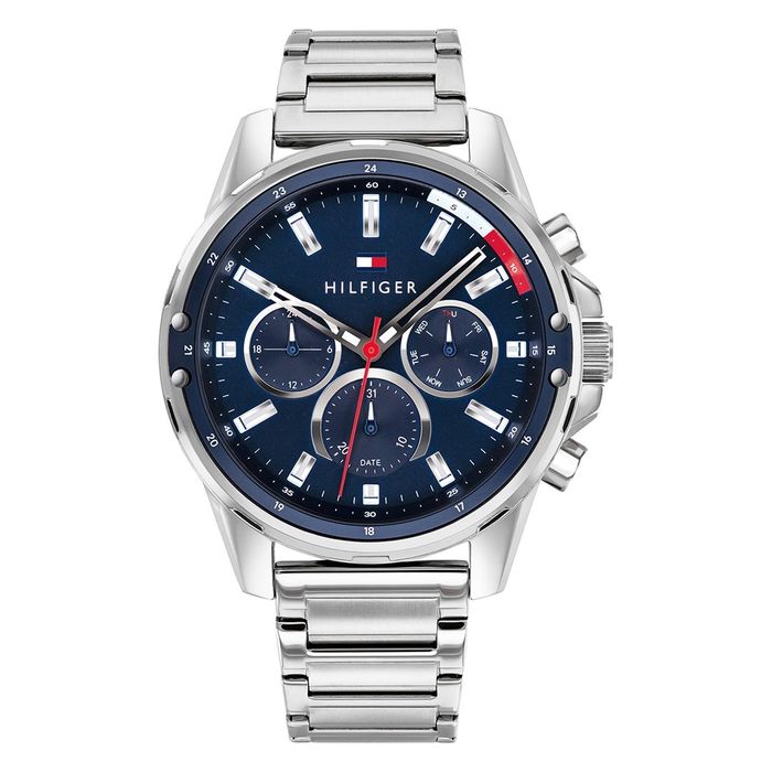 Relógio de bracelete em elos prateados da Tommy Hilfiger com um mostrador azul em estilo cronógrafo.